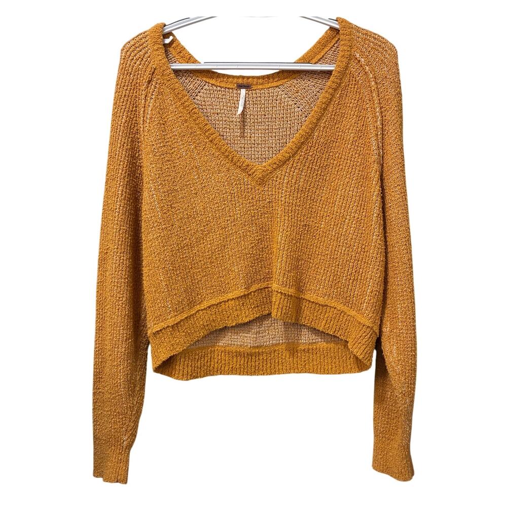 Free People High-Low V-Neck Cropped Knit Sweater Yellow Sz S - Picture 2 of 7